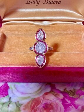 Moissanite Brilliant Cut Clear & Ruby Red, Art Deco, Antique Vintage Style Ring.